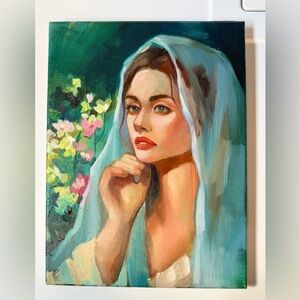 oil paintings original «Portrait with the pink flowers ”, 12x9, oil on canvas